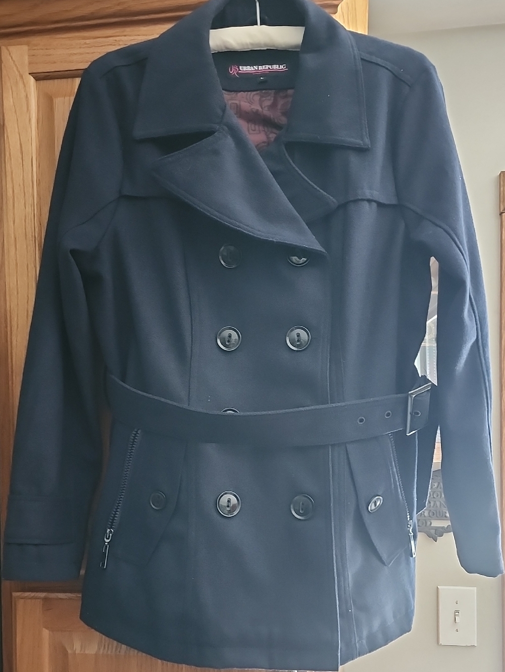 Urban Republic Navy Double-Breasted Belted Peacoat Large